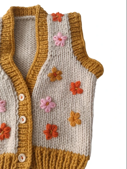 Çiçek İşlemeli El Örgüsü Bebek Yeleği 1-2 yaş - 5