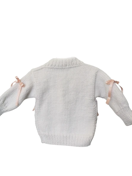 Kurdeleli El Örgüsü Çocuk Hırka Beyaz Pembe 3-4 yaş - 3