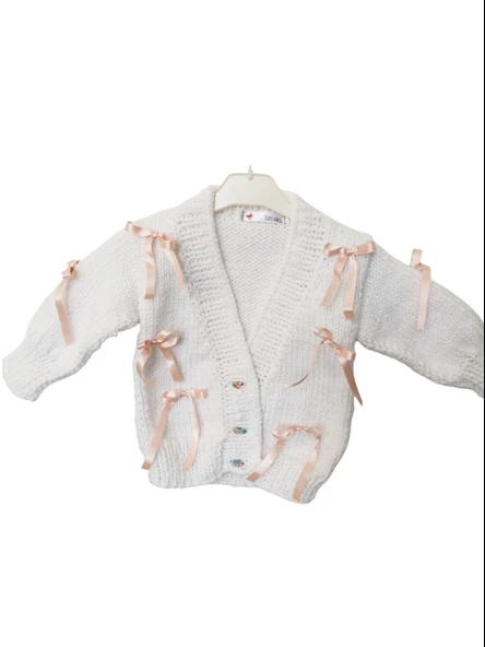 Kurdeleli El Örgüsü Çocuk Hırka Beyaz Pembe 3-4 yaş