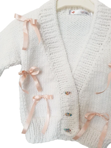 Kurdeleli El Örgüsü Çocuk Hırka Beyaz Pembe 3-4 yaş - 6