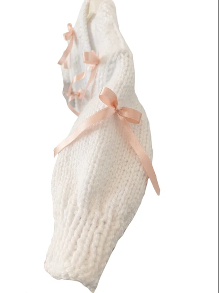 Kurdeleli El Örgüsü Çocuk Hırka Beyaz Pembe 3-4 yaş - 4