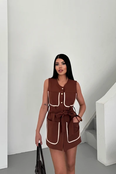 Lucky Life Kadın  BÜYÜK CEP BİYE DETAYLI  YELEK - Kahverengi