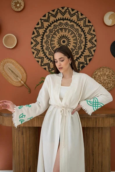 Lucky Life Kadın Yeşil Baskı Detay Keten Hırka - 4