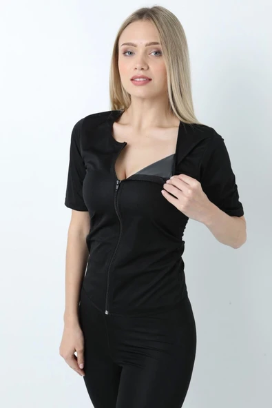 Yeni Sezon Toparlayıcı Sıkılaştırıcı Yağ Yakan Terleten Kısa Kollu Fermuarlı Sauna Takım - 4