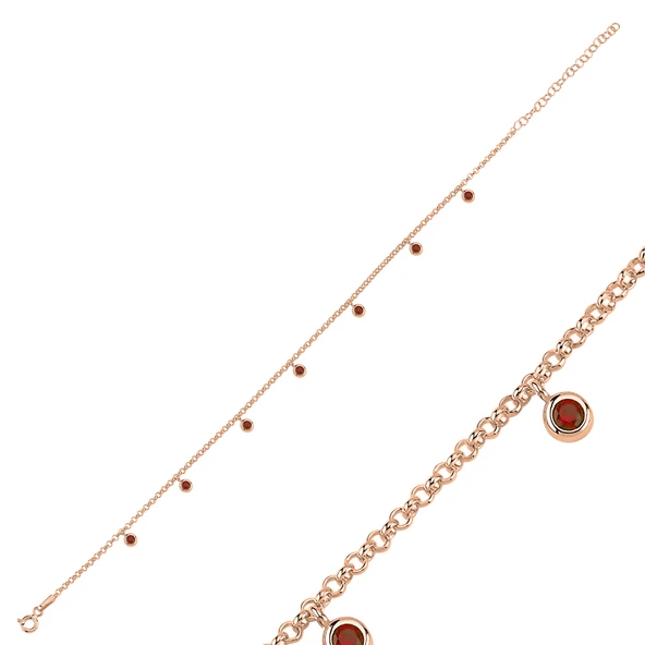 Özel Kutu ve Gümüş Bezi İle Garnet Zirkon Taşlı Doç Zincirli Sallantılı Halhal