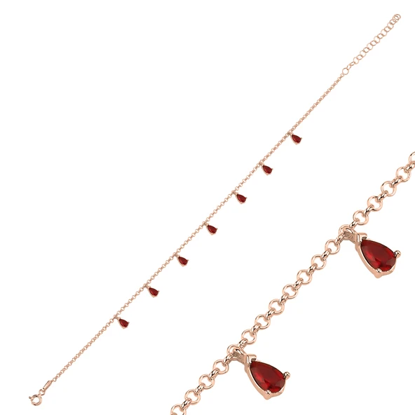 Özel Kutu ve Gümüş Bezi İle Garnet Zirkon Taşlı Doç Zincirli Sallantılı Halhal