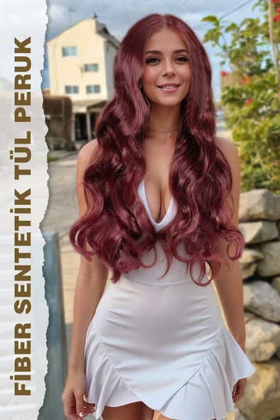 Uzun Su Dalgalı Fiber Sentetik Tül Peruk - Kızıl - 5