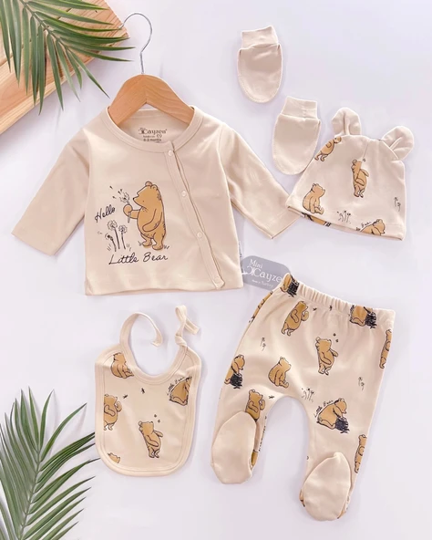 Hello Little Bear Baskılı 5 Parça %100 Pamuk Erkek Bebek Hastane Çıkışı ürün görseli