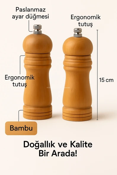 Busstier 2 Adet , Orta Boy Bambu Gövdeli Ahşap Tuz Karabiber Değirmeni, Baharat Öğütücü - 3