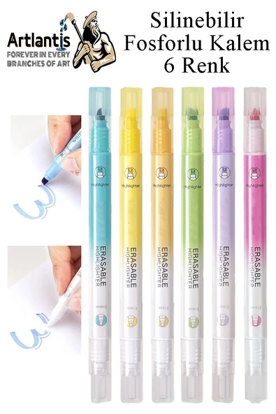 Silinebilir Fosforlu Kalem 6 Renk 1 Paket Mikro Silinebilir İşaretleme Kalemi Çift Başlı Pürüzsüz Yazma ve Silme