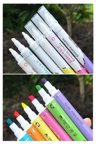 Silinebilir Fosforlu Kalem 6 Renk 1 Paket Mikro Silinebilir İşaretleme Kalemi Çift Başlı Pürüzsüz Yazma ve Silme - 3