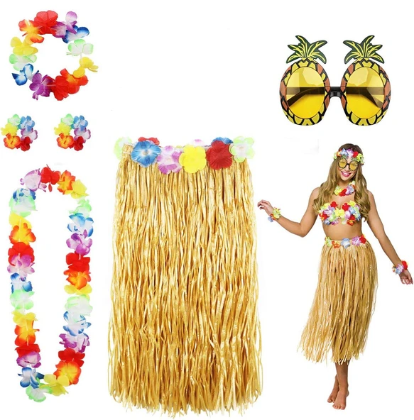Hawaii Parti Kostüm Seti - 60 cm Hasır Etek, Çiçekli Aksesuarlar ve Ananas Gözlük