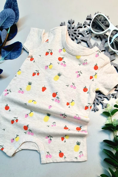 Bebek Yazlık Kısa Kol Şort Tek Parça Çıtçıtlı Tulum Zıbın %100 Pamuk Çilek Ananas Kiraz - Resim 2