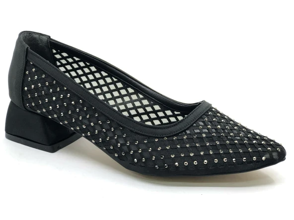 Seribo Dantel Taş Detaylı Kısa Topuklu Kadın Babet Ayakkabı ürün görseli