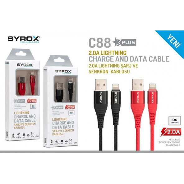SYROX Lightning 2.0A 1,0 M Metal – Siyah Kırmızı Plus Kablo