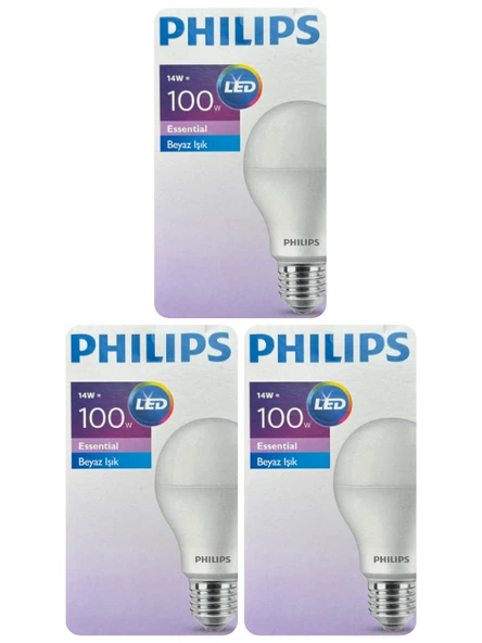 (3 Adet) Philips 14W (100W) Beyaz Işık E27 Duylu (Kalın Duy) Led Ampul