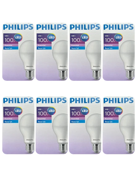(8 Adet) Philips 14W (100W) Beyaz Işık E27 Duylu (Kalın Duy) Led Ampul