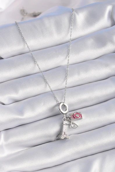 316L Çelik Gümüş Renk Eyfel Kule Fotoğraf Makinesi Model Charm Kadın Kolye - TJ-BKO9307 - 2