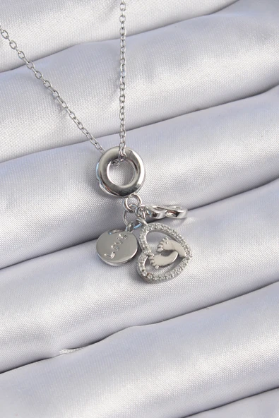316L Çelik Gümüş Renk Zirkon Taş Detay Kalp Model Charm Kadın Kolye - TJ-BKO9305 - 3