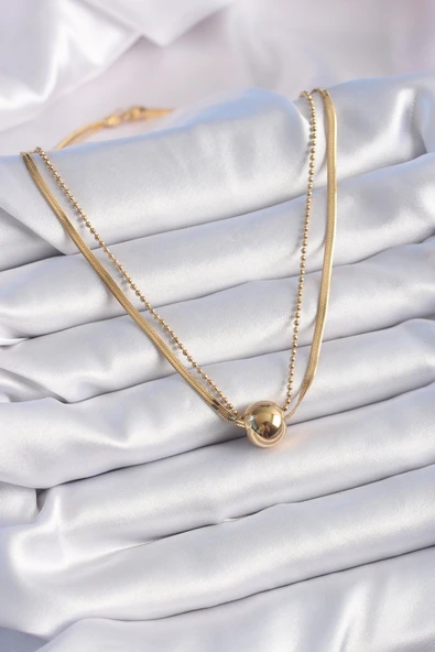 316L Çelik Gold 2'li İtalyan Zincir Model Top Model Kadın Kolye - TJ-BKO9303 - Resim 2