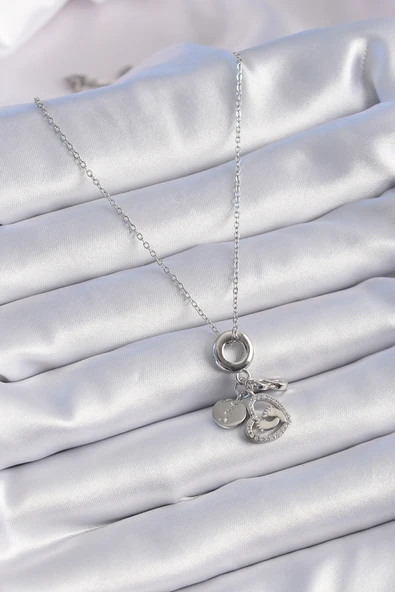 316L Çelik Gümüş Renk Zirkon Taş Detay Kalp Model Charm Kadın Kolye - TJ-BKO9305 - 4