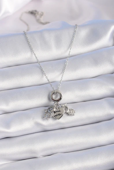 316L Çelik Gümüş Renk Zirkon Taş Detay Çocuk Figür Charm Model Kadın Kolye - TJ-BKO9323 - 2