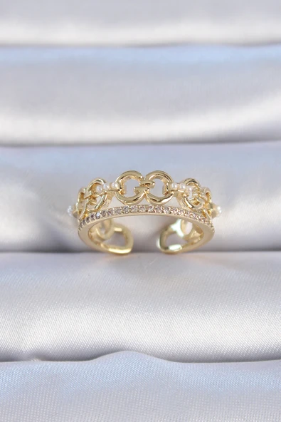 Pirinç Gold Renk Zirkon Taşlı İnci Detay Kadın Yüzük - TJ-BYK3334