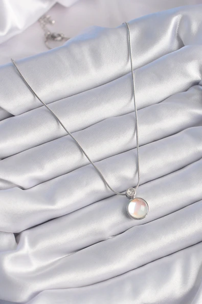 316L Çelik Gümüş Renk Beyaz Sedefli Vintage Model Kadın Kolye - TJ-BKO9327 - Resim 2