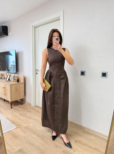 Önden Lucky Life Kadın Fermuar Detaylı Kolsuz Uzun Elbise - Kahve