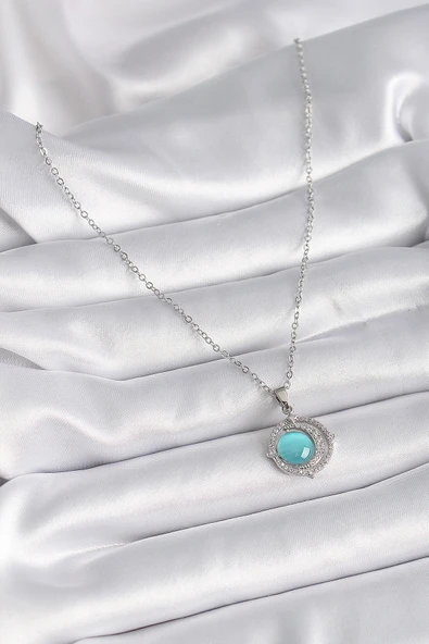 316L Çelik Gümüş Renk Mavi Sedefli Hilal Model Kadın Kolye - TJ-BKO9409 - Resim 2