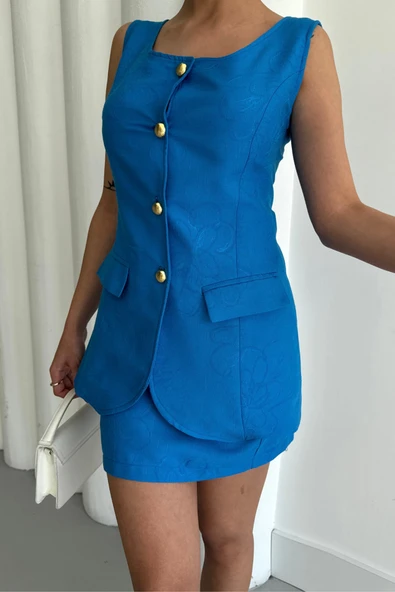 Lucky Life Kadın JAKAR Lucky Life Kadın Lucky Life Kadın KETEN YELEK - KISA ETEK TAKIM - Mavi - Resim 3