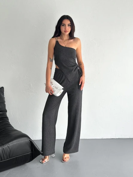 Lucky Life Kadın Lucky Life Kadın Crop Pantalon Ikili Takım - Füme - 2