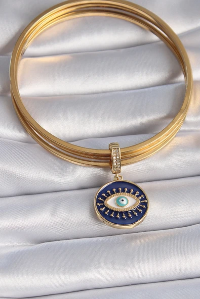 Pirinç Gold Renk Zirkon Taşlı Nazar Boncuk Detaylı Göz İşlemeli Ajda Charm - TJ-BC1007 - Resim 2