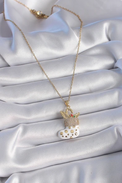 316L Çelik Gold Renk Zincir Zirkon Taşlı Beyaz Yılbaşı Çorabı Figür Yaprak Detay Kadın Kolye - TJ-BKO9439 - Resim 2