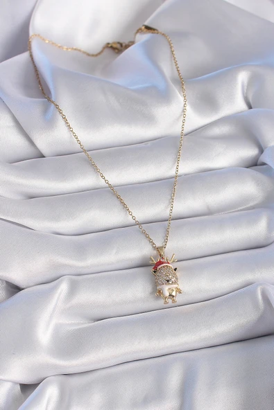 316L Çelik Gold Renk Zincir Zirkon Taşlı Yılbaşı Temalı Ren Geyiği Figür Kadın Kolye - TJ-BKO9437 - Resim 2