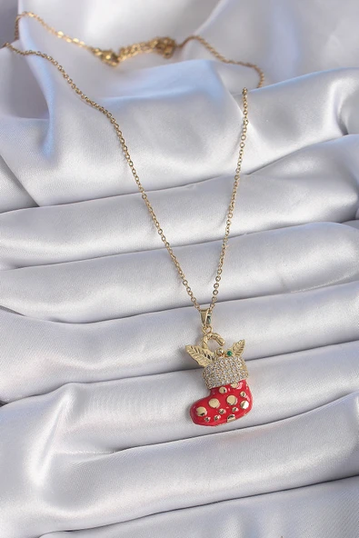 316L Çelik Gold Renk Zincir Zirkon Taşlı Kırmızı Yılbaşı Çorabı Figür Yaprak Detay Kadın Kolye - TJ-BKO9440 - 2