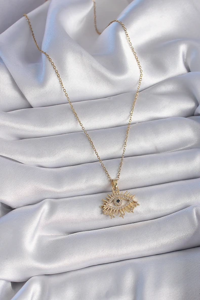 316L Çelik Gold Renk Zirkon Taşlı Göz Model Kadın Kolye - TJ-BKO9435 - Resim 2