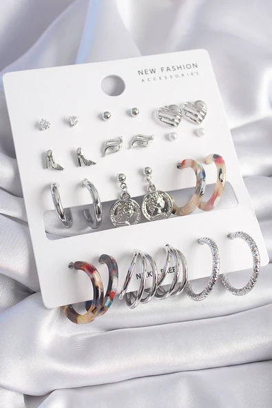 Pirinç Gümüş Renk Zirkon Taş Detaylı 12 Çift Kadın Küpe Seti - TJ-BKP9680 ürün görseli 1