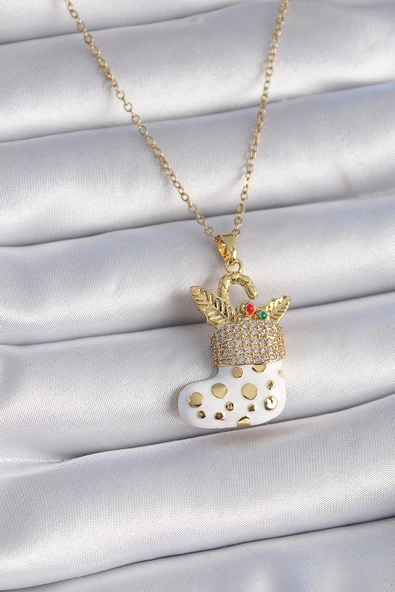316L Çelik Gold Renk Zincir Zirkon Taşlı Beyaz Yılbaşı Çorabı Figür Yaprak Detay Kadın Kolye - TJ-BKO9439 ürün görseli 1