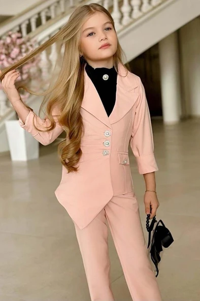 Kız Çocuk Palyaço Yaka Kolsuz Bluz Taş Düğme Detaylı Blazer Ceket Pudra Alt Üst Takım - Resim 3