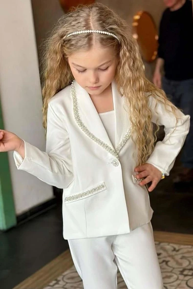 Kız Çocuk Yaka Kenarları İnci Taş İşlemeli Blazer Ceket Kolsuz Penye Crop Beyaz Alt Üst Takım - Resim 12