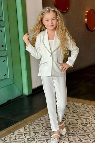 Kız Çocuk Yaka Kenarları İnci Taş İşlemeli Blazer Ceket Kolsuz Penye Crop Beyaz Alt Üst Takım - Resim 3