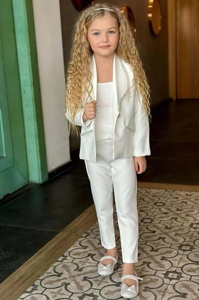 Kız Çocuk Yaka Kenarları İnci Taş İşlemeli Blazer Ceket Kolsuz Penye Crop Beyaz Alt Üst Takım - Resim 2