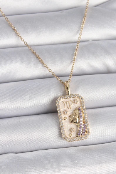 316L Çelik Gold Renk Zincir Başak Burcu Zirkon Taşlı Kadın Kolye - TJ-BKO9461 - Resim 3