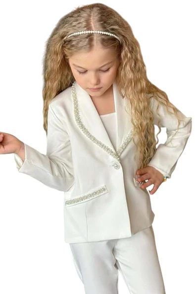 Kız Çocuk Yaka Kenarları İnci Taş İşlemeli Blazer Ceket Kolsuz Penye Crop Beyaz Alt Üst Takım - Resim 9