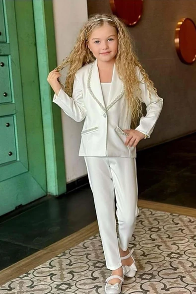 Kız Çocuk Yaka Kenarları İnci Taş İşlemeli Blazer Ceket Kolsuz Penye Crop Beyaz Alt Üst Takım - Resim 10