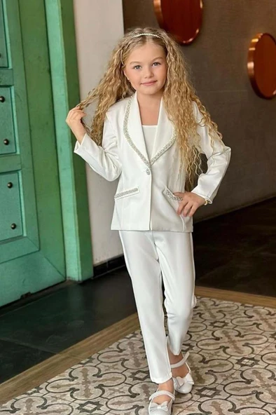 Kız Çocuk Yaka Kenarları İnci Taş İşlemeli Blazer Ceket Kolsuz Penye Crop Beyaz Alt Üst Takım - Resim 6