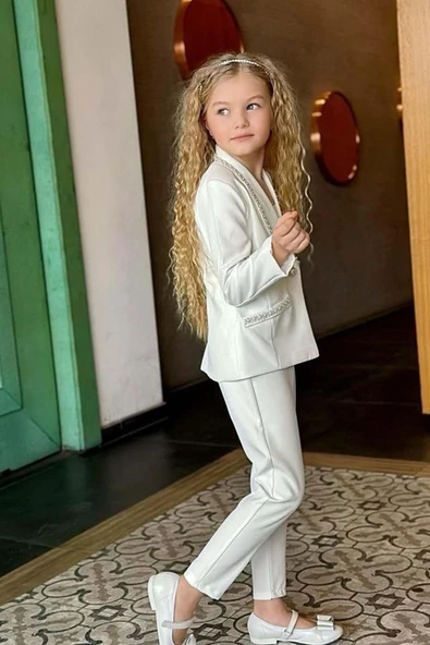 Kız Çocuk Yaka Kenarları İnci Taş İşlemeli Blazer Ceket Kolsuz Penye Crop Beyaz Alt Üst Takım - Resim 11