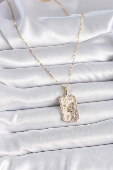 316L Çelik Gold Renk Zincir Başak Burcu Zirkon Taşlı Kadın Kolye - TJ-BKO9461 - Resim 4