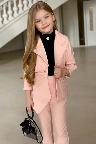Kız Çocuk Palyaço Yaka Kolsuz Bluz Taş Düğme Detaylı Blazer Ceket Pudra Alt Üst Takım - Resim 6